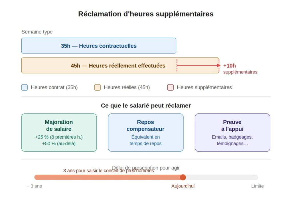 Réclamer ses heures supplémentaires : droits et démarches Infographie réclamation heures supplémentaires : majoration de salaire, repos compensateur et preuves aux Prud'hommes.
